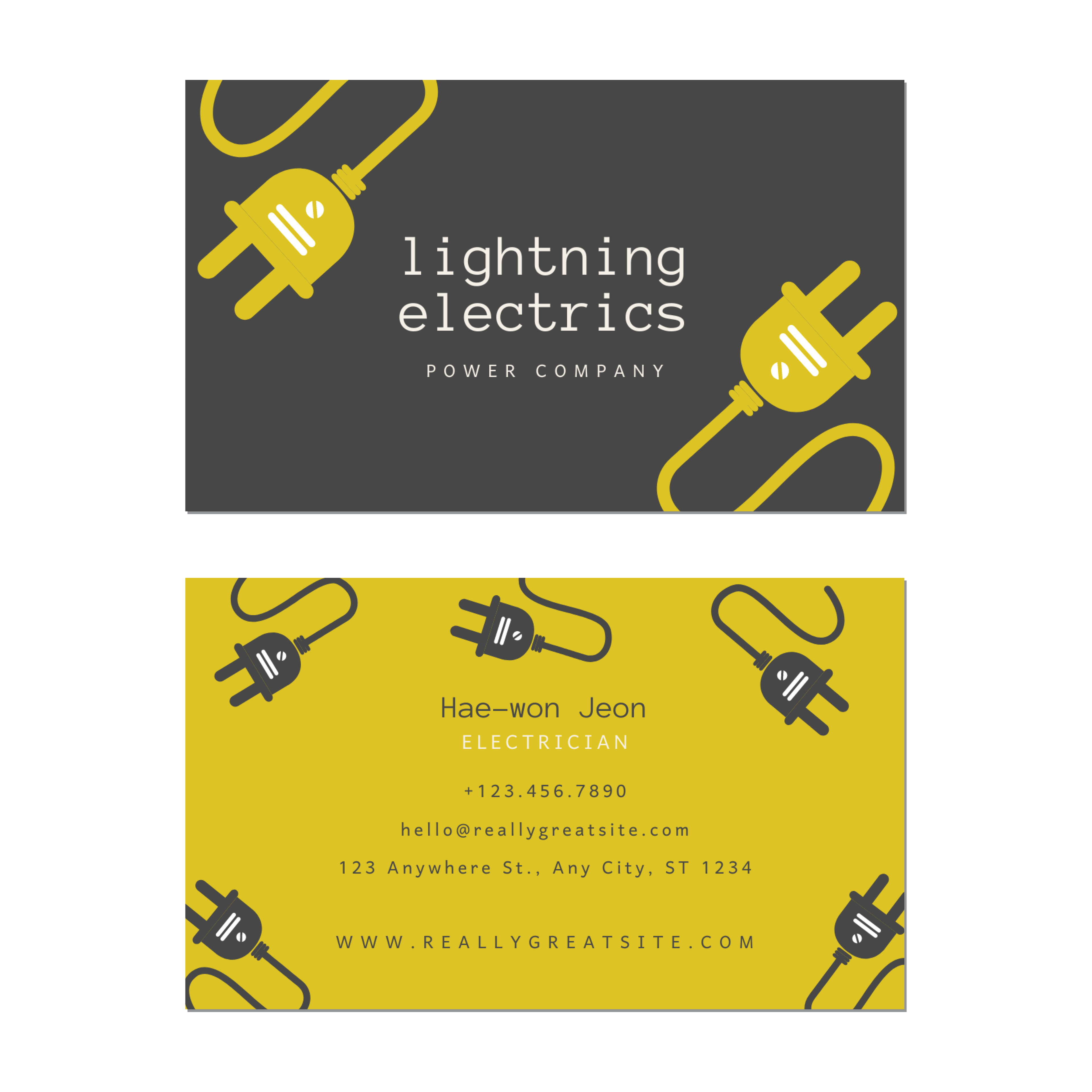 Yellow Electric Plug - Business Card Template - Two Side