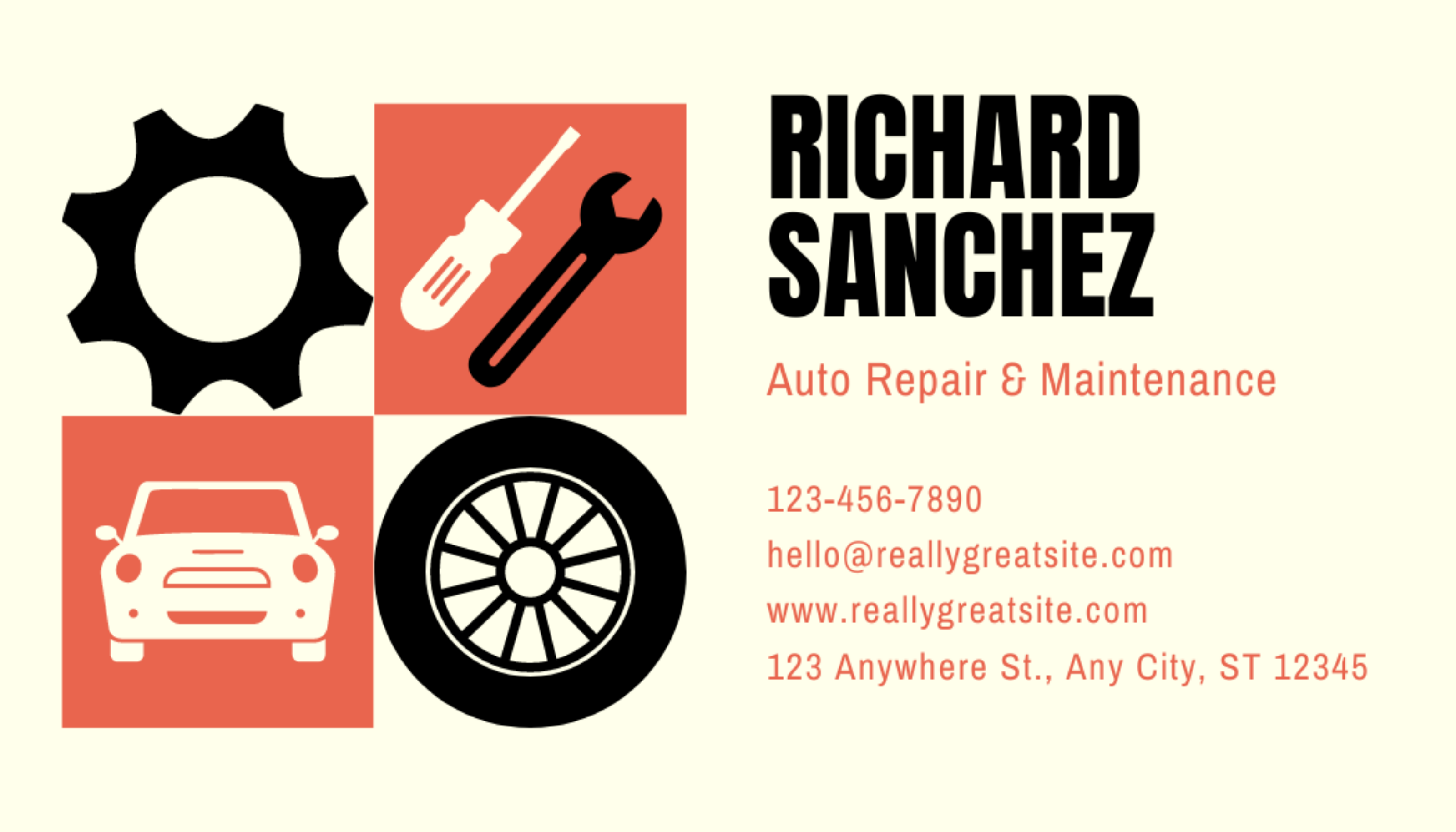 Auto Repair Orange - Business Card Template - One Side